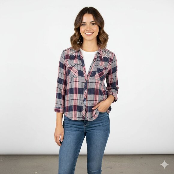 Vintage America Tops - Vintage America Navy and Pink Plaid Shirt